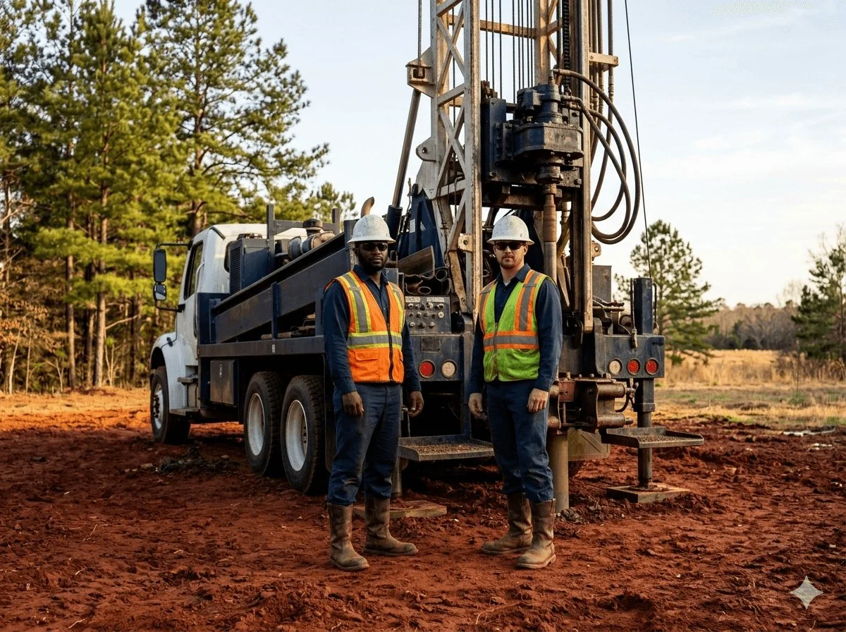 Gray Well Drilling crew beside a drilling rig on a Jones County, GA job site