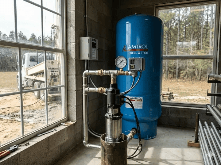Bladder-style pressure tank and submersible pump system installed in a utility area on a Jones County, Georgia residential property