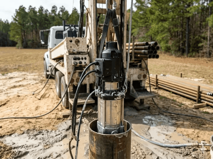 Submersible well pump being pulled from a residential well in Jones County, Georgia for diagnosis and repair
